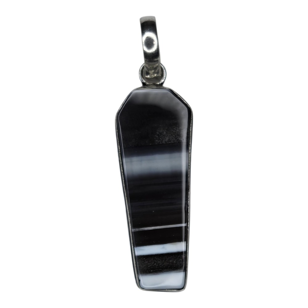 Vintage Banded Agate Coffin Pendant Sterling Silver 925 Handmade Black White
